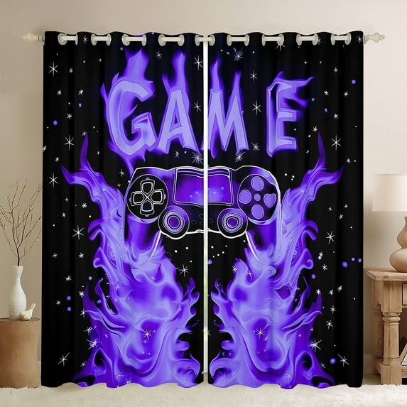 Manfei Cartoon Game Console Black Out Curtains for Boys, Black Purple Gamepad Curtains Pack of 2 (42x63 Each), Cartoon Snowflake Bedroom Curtains, Curtains and Drapes Home Decor