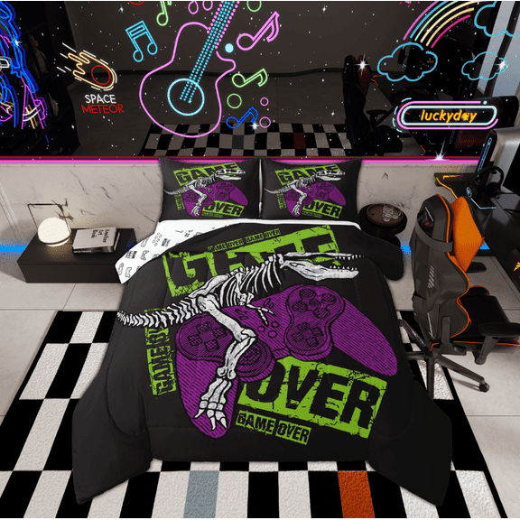Manfei Cartoon Game Console Comforter Sets Queen Size, Video Game Down Comforter, Dinosaur Skeleton Reversible Bedding Queen Comforter Set, Ultra Soft Room Decorative, 3pcs