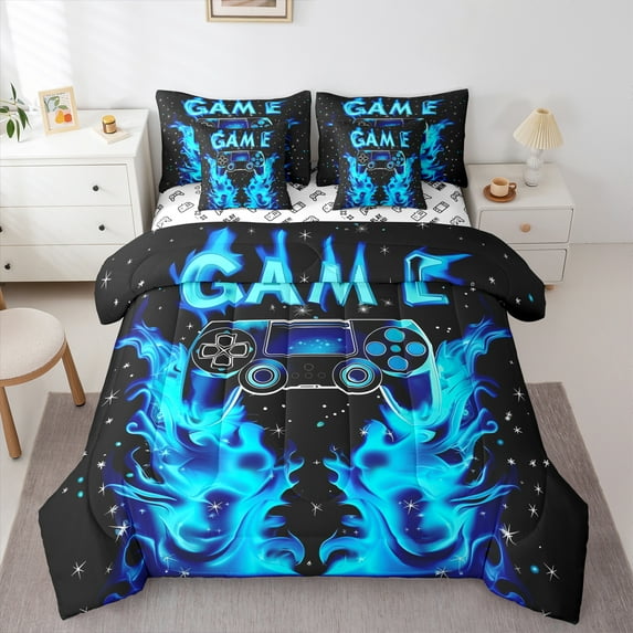 Manfei Cartoon Game Console Twin Bedding Sets 7-Piece for Boys, Black Blue Gamepad Bedding Comforter Set, Cartoon Snowflake Reversible Sheet Sets, Breathable Home Decor