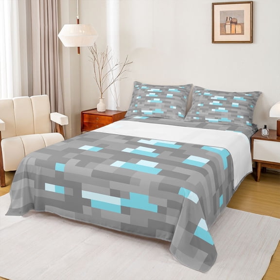 Homewish Cartoon Game Player Full Size Sheets for Boys, Grey Blue Pixelate Miner Bed Sheets, Checkered Plaid Sheet Sets, Ultra Soft Bedroom Decor, 4pcs