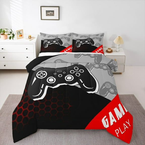Manfei Cartoon Gamepad Bedding Comforter Set for Boys, Geometric Honeycomb Twin Comforter Sets, Moden Gaming Lover Reversible Bedding Set, Super Cozy Room Decor, 2-Piece