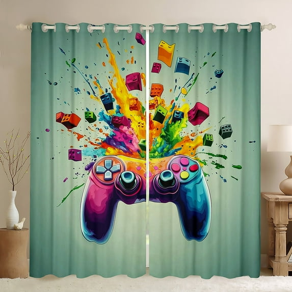 Manfei Cartoon Gamepad Black Out Curtains for Boys, Splash Watercolor Curtains Pack of 2 (42x63 Each), Game Console Bedroom Curtains, Curtains and Drapes Room Decor
