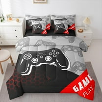 Manfei Cartoon Gamepad Twin Bedding Sets 7-Piece for Boys, Geometric Honeycomb Bedding Comforter Set, Moden Gaming Lover Reversible Sheet Sets, Super Cozy Room Decor