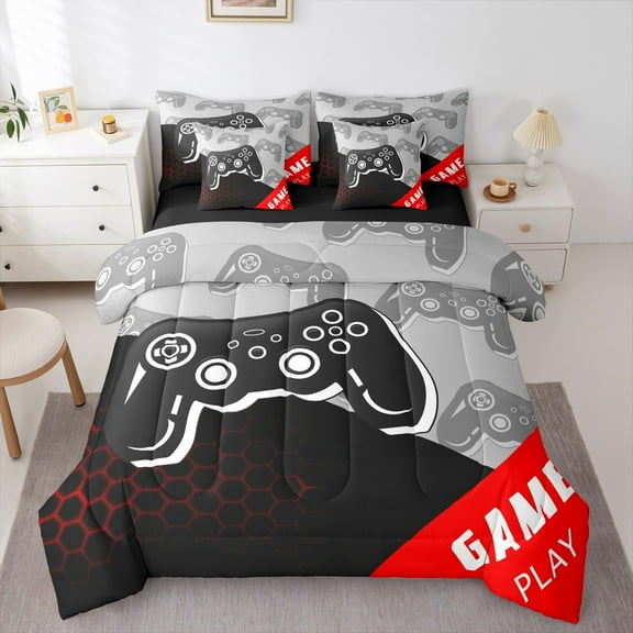 Manfei Cartoon Gamepad Twin Bedding Sets 7-Piece for Boys, Geometric Honeycomb Bedding Comforter Set, Moden Gaming Lover Reversible Sheet Sets, Super Cozy Room Decor