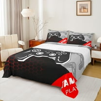 Manfei Cartoon Gamepad Twin Sheet Sets for Boys, Geometric Honeycomb Twin Fitted Sheet, Moden Gaming Lover Flat Sheet, Super Cozy Room Decor, 3-Piece