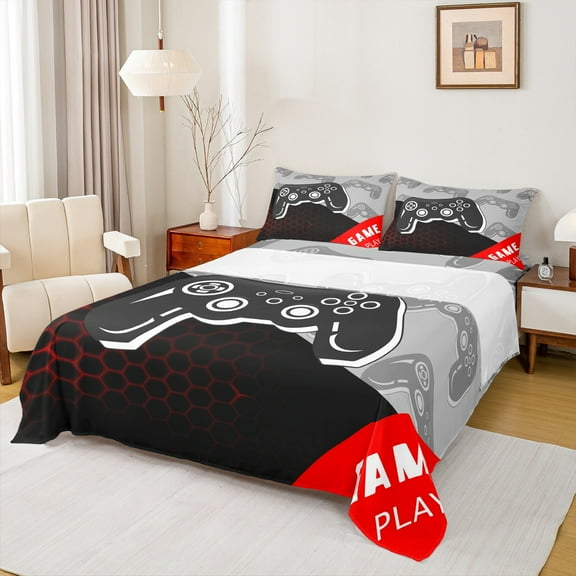 Manfei Cartoon Gamepad Twin Sheet Sets for Boys, Geometric Honeycomb Twin Fitted Sheet, Moden Gaming Lover Flat Sheet, Super Cozy Room Decor, 3-Piece