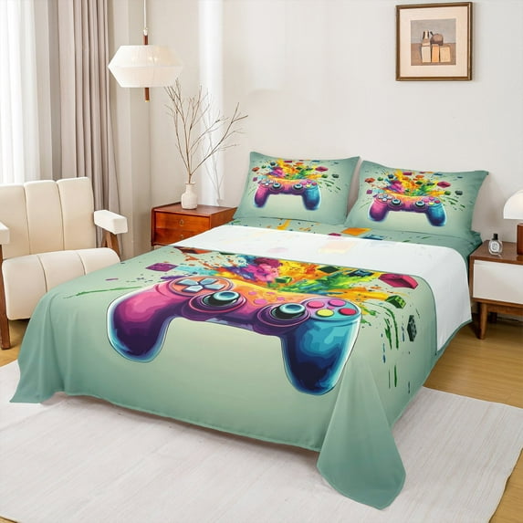 Manfei Cartoon Gamepad Twin Sheet Sets for Boys, Splash Watercolor Twin Fitted Sheet, Game Console Flat Sheet, Lightweight Room Decor, 3-Piece