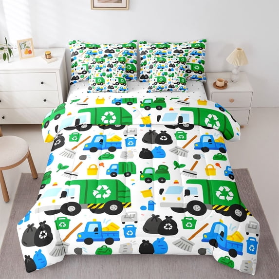 Manfei Cartoon Garbage Truck 7pcs Queen Bedding,Recycling Bin Bedding Comforter Set Queen,Green,Reversible