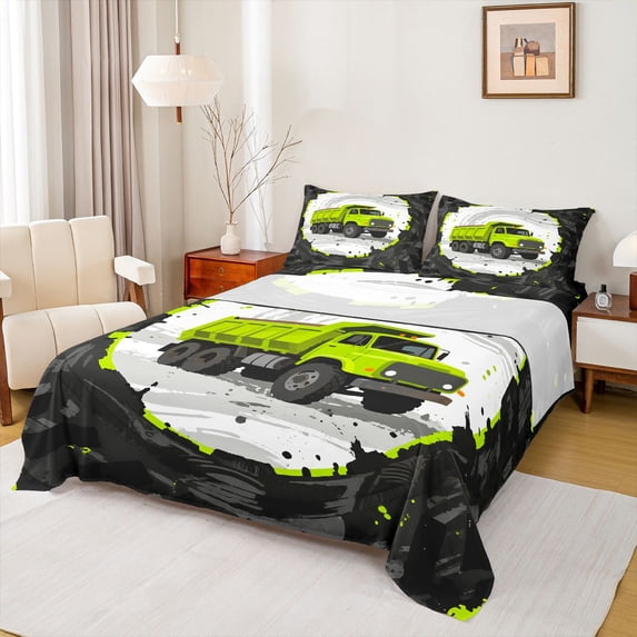 Manfei Cartoon Garbage Truck Bed Sheets,Green Theme Full Size Sheets,4 Pieces,1 Flat Sheet, 1 Fitted Sheet and 2 Pillowcases