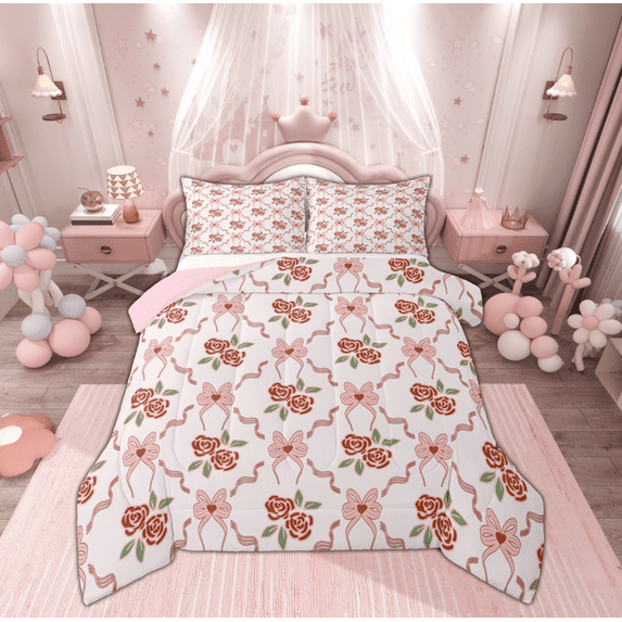 Manfei Cartoon Gardon Rose Bedding Comforter Set for Girls, Kawaii Girly Pink Bowknot Twin Comforter Sets, Princess Style Reversible Bedding Set, Super Cozy Room Decor, 2pcs