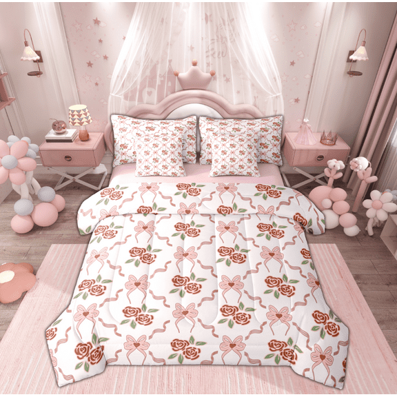 Manfei Cartoon Gardon Rose Twin Bedding Sets 7-Piece for Girls, Kawaii Girly Pink Bowknot Bedding Comforter Set, Princess Style Reversible Sheet Sets, Super Cozy Room Decor