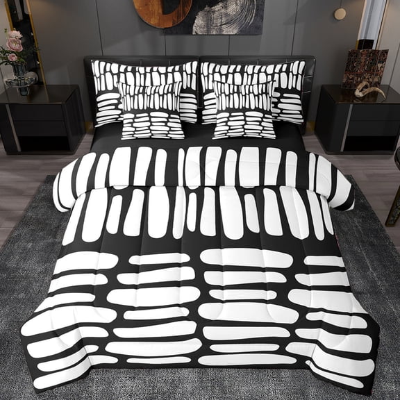Manfei Cartoon Geometric Stripe 7-Piece Bedding Comforter Set,Lines Pattern King Bedding Sets,White Black Bed Sheets For Kids,Ultra Soft Home Decor Reversible