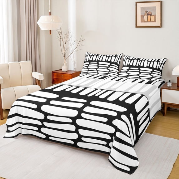 Manfei Cartoon Geometric Stripe Full Size Sheets,Lines Pattern Bed Sheets,White Black Sheet Sets For Kids,Ultra Soft Home Decor,4 Pieces