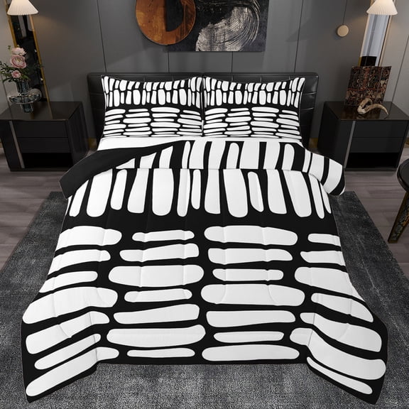 Manfei Cartoon Geometric Stripe Queen Comforter Set,Lines Pattern Bedding Sets,White Black Bedding Comforter Set For Kids,Ultra Soft Home Decor Reversible,3pcs