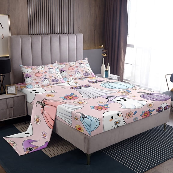 Manfei Cartoon Ghost 4 Pieces Queen Sheet Sets for Kids Boys Girls,Festival Pumpkin Ultra Soft Flat Sheet,Happy Halloween Queen Fitted Sheet,Luxury Bedroom Decor