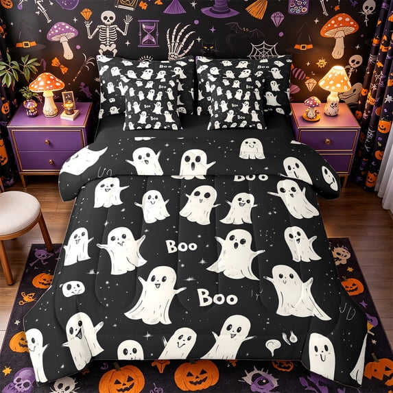 Manfei Cartoon Ghost 7-Piece Twin Bedding, Happy Halloween Bedding Comforter Set, Black White Cream,Black Reversible