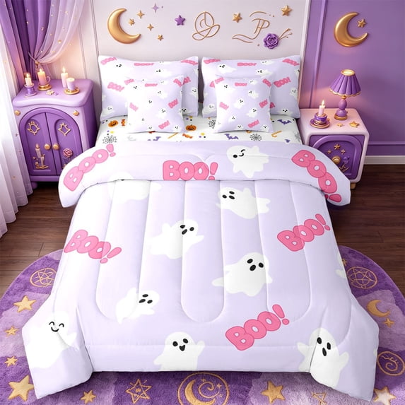 Manfei Cartoon Ghost 7 Pieces Full Size Bedding Sets,Dark Aesthetic Halloween Full Size Bed in a Bag,Halloween Reversible