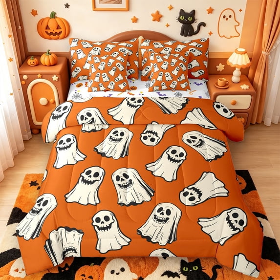 Manfei Cartoon Ghost 7 Pieces Full Size Bedding Sets,Halloween Themed Full Size Bed in a Bag,Halloween Reversible