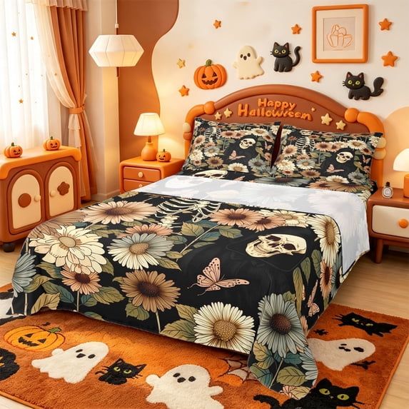 Manfei Cartoon Ghost Bed Sheets,Fall Turkey Print Halloween Full Size Sheets,4 Pieces,1 Flat Sheet,1 Fitted Sheet and 2 Pillowcases