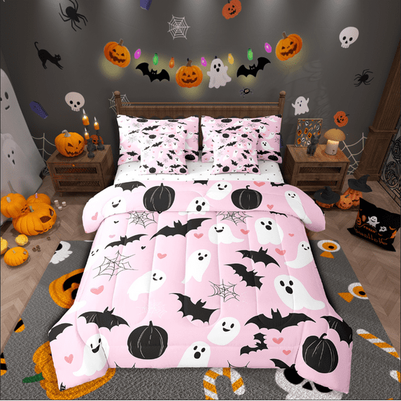 Manfei Cartoon Ghost Bedding Sets Twin Size,Halloween Pumpkin Comforter Sets with Sheets,Spooky Animal Bed in a Bag Twin size,Microfiber Festival Room Decorative,Reversible,7-Piece