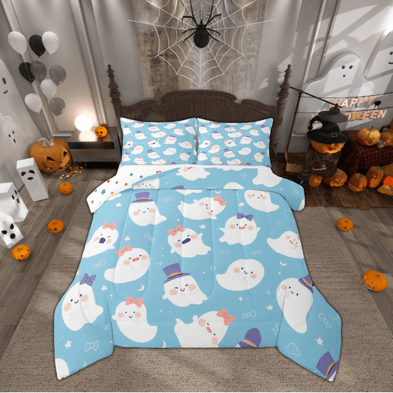 Manfei Cartoon Ghost Comforter Sets Full Size, Blue White Down Comforter, Kawaii Halloween Reversible Bedding Full Comforter Set, Microfiber Bedroom Decor, 3 Pieces