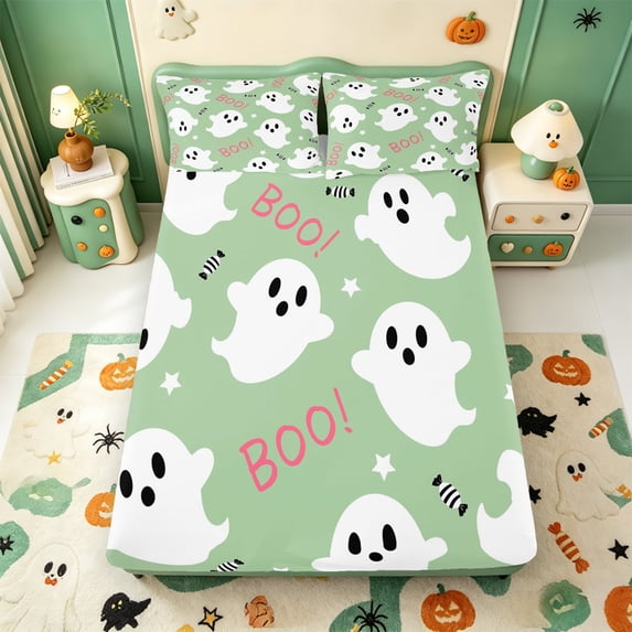 Manfei Cartoon Ghost Fitted Sheet Full,Halloween Themed Skull Bed Set,3 Pieces,1 Fitted Sheet and 2 Pillowcases