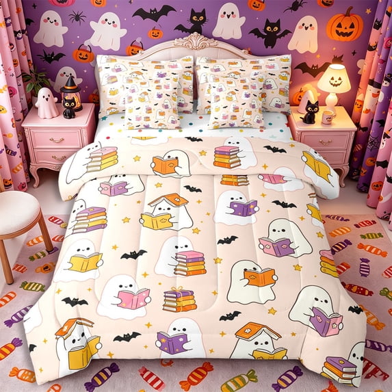 Manfei Cartoon Ghost Full Size Bedding Sets 7 Pieces, Happy Halloween Flying Bats Full Size Bed in a Bag, Blush Pink White,Reversible
