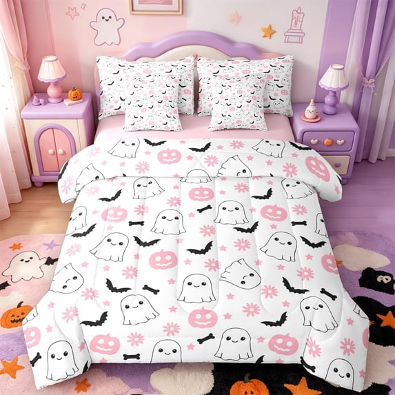 Manfei Cartoon Ghost Halloween 7-Piece King Bedding,Thanksgiving Print King Bed in a Bag,Pink Reversible