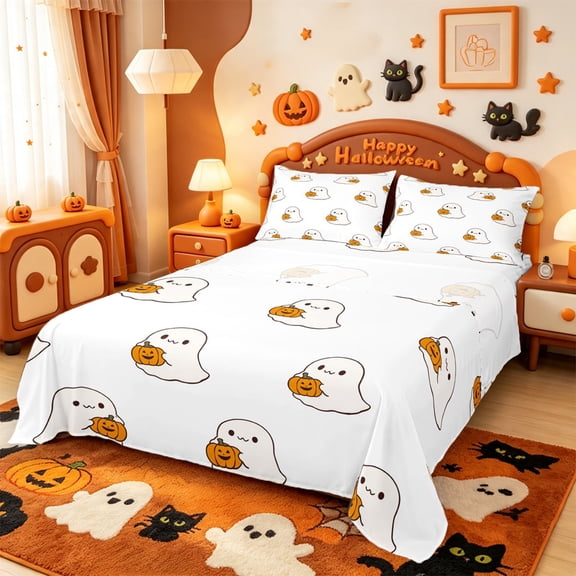 Manfei Cartoon Ghost Halloween Bed Sheets,Bat And Skull Full Size Sheets,4 Pieces,1 Flat Sheet,1 Fitted Sheet and 2 Pillowcases