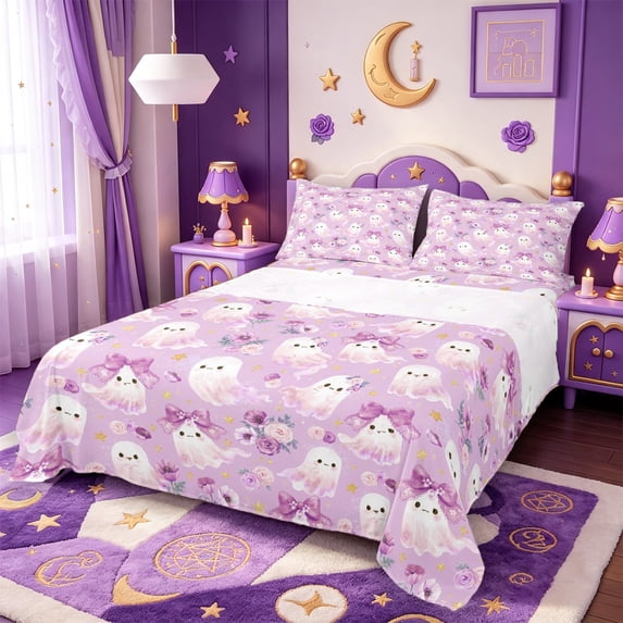 Manfei Cartoon Ghost Halloween Bed Sheets,Magic Witch Pattern Full Size Sheets,4-Piece,1 Flat Sheet,1 Fitted Sheet and 2 Pillowcases