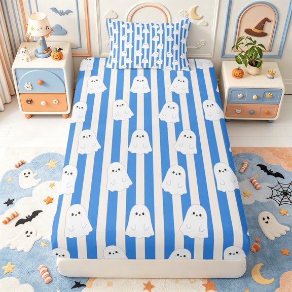 Manfei Cartoon Ghost Halloween Twin Fitted Sheet,Bat And Spider Web Bedding,2-Piece,1 Fitted Sheet and 1 Pillowcase