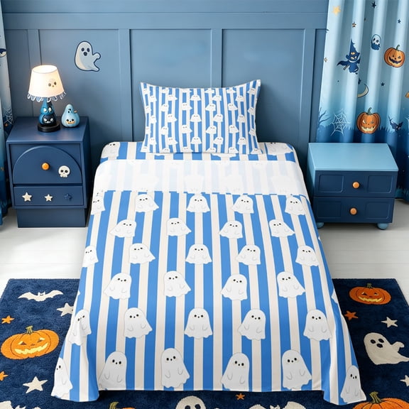 Manfei Cartoon Ghost Halloween Twin Sheets,Bat And Spider Web Bedding,3-Piece,1 Flat Sheet,1 Fitted Sheet and 1 Pillowcase
