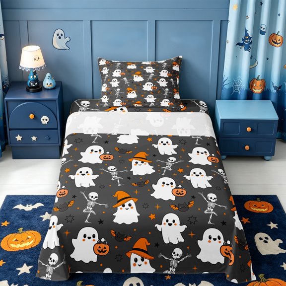 Manfei Cartoon Ghost Halloween Twin Sheets,Bat Silhouette Bedding,3-Piece,1 Flat Sheet,1 Fitted Sheet and 1 Pillowcase