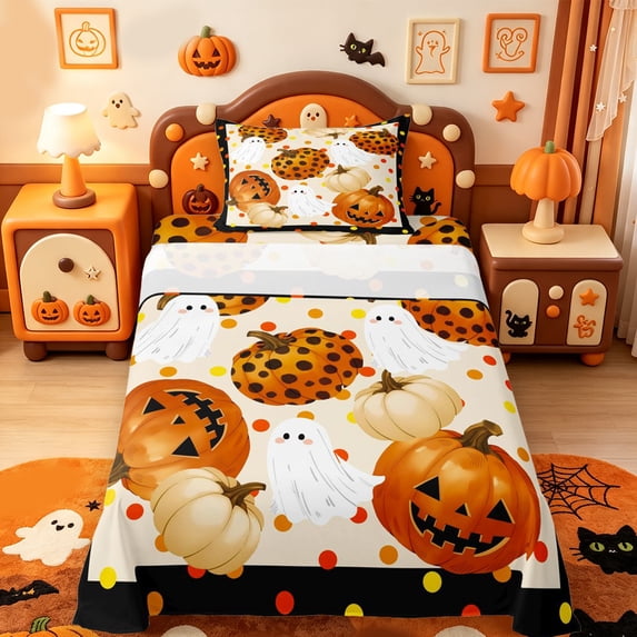 Manfei Cartoon Ghost Halloween Twin Sheets,Bat Silhouette Print Bedding,3 Pieces,1 Flat Sheet,1 Fitted Sheet and 1 Pillowcase