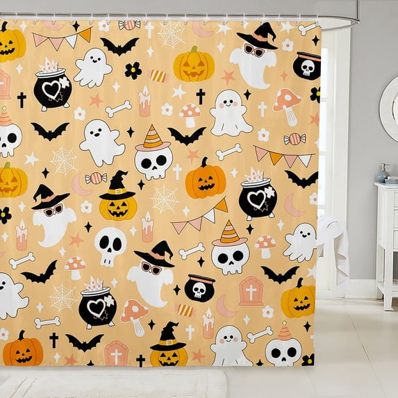 Manfei Cartoon Ghost Pattern Shower Curtain 72Wx78L,Halloween Pumpkin Lantern Bath Curtain