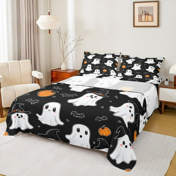Manfei Cartoon Ghost Queen Sheet Sets, Gothic Bat Pumpkin Print Flat Sheet, Teens Boys Girls Kids Queen Fitted Sheet, Super Cozy Room Decor, 4-Piece