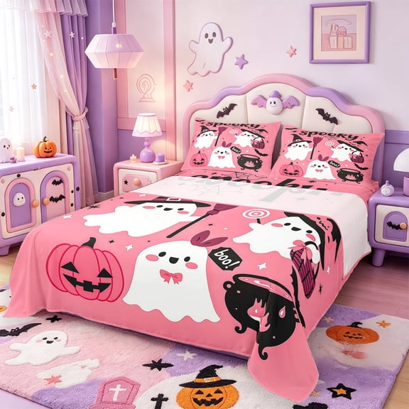 Manfei Cartoon Ghost Queen Sheets,Gothic Halloween Skeleton Queen Sheet Sets,4-Piece,1 Flat Sheet,1 Fitted Sheet and 2 Pillowcases