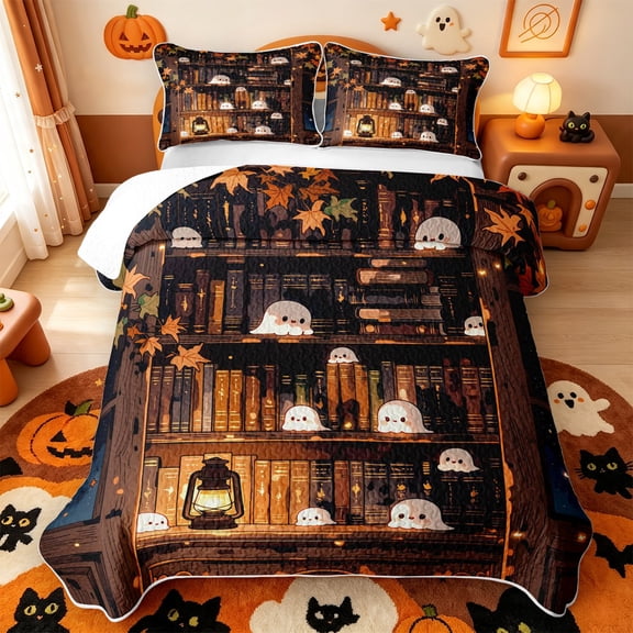 Manfei Cartoon Ghost Quilt Full,Autumn Harvest Print Halloween Full Bedspread Sets,3-Piece,1 Coverlet and 2 Pillowcases