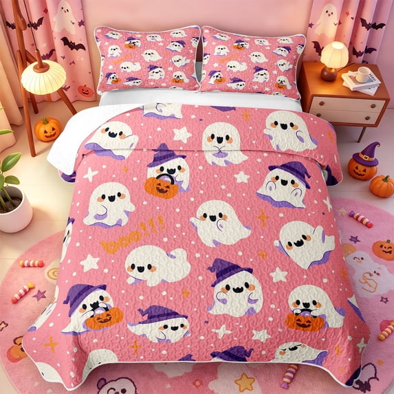 Manfei Cartoon Ghost Quilt Full,Halloween Skeleton Pattern Full Bedspread Sets,3 Pieces,1 Coverlet and 2 Pillowcases