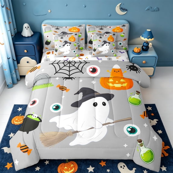Manfei Cartoon Ghost Spider Web 7pcs Queen Bedding,Halloween Jack O Lantern Bedding Comforter Set Queen,Halloween Reversible