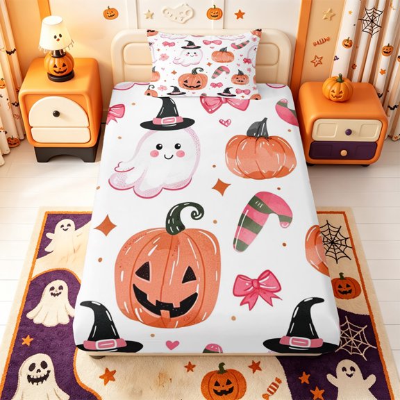 Manfei Cartoon Ghost Twin Fitted Sheet,Gothic Halloween Bedding,2pcs,1 Fitted Sheet and 1 Pillowcase