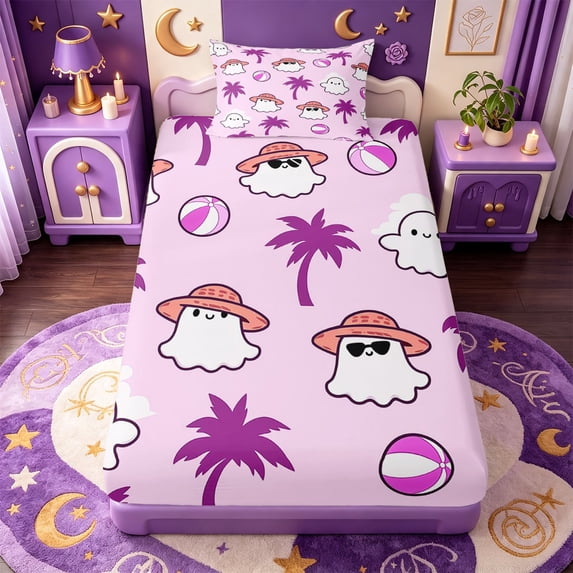 Manfei Cartoon Ghost Twin Fitted Sheet,Pumpkin Lantern Halloween Themed Bedding,2pcs,1 Fitted Sheet and 1 Pillowcase