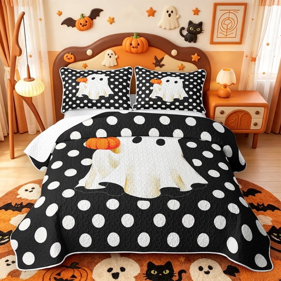 Manfei Cartoon Ghost Twin Quilt Set,Cute Polka Dot Twin Coverlet Set,2pcs,1 Bedspread and 1 Pillowcase