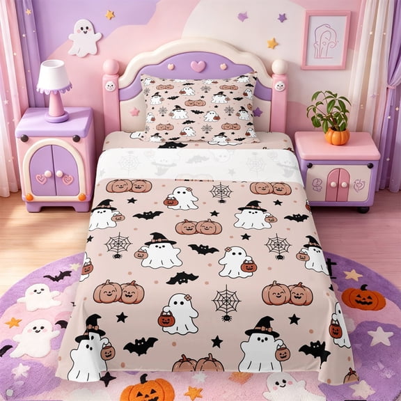 Manfei Cartoon Ghost Twin Sheets,Cute Turkey Print Halloween Bedding,3pcs,1 Flat Sheet,1 Fitted Sheet and 1 Pillowcase