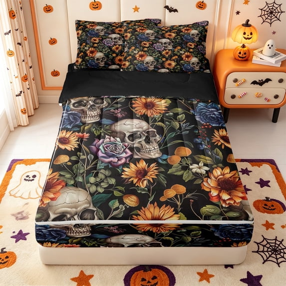 Manfei Cartoon Ghost Zipper Twin Comforter Sets with Fitted Sheet and 2 Pillowcases,Watercolor Pumpkin Print Zipper Bedding Set,Black Reversible,4-Piece