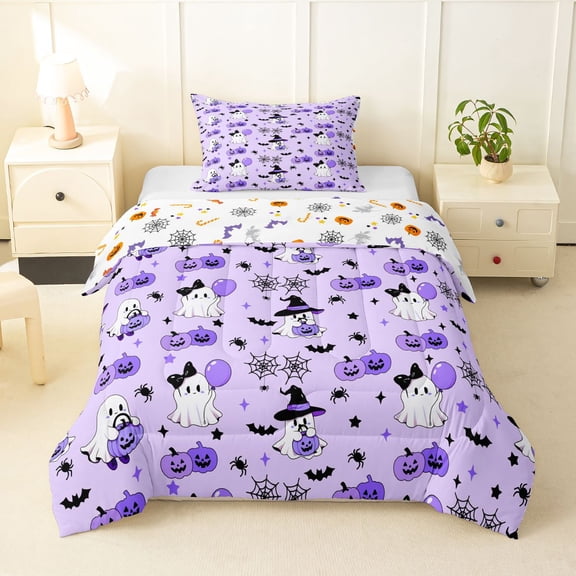 Manfei Cartoon Ghosts Twin Comforter Sets,Happy Halloween Bedding Set,Purple,Halloween Reversible,2 Pieces,1 Comforter and 1 Pillowcase