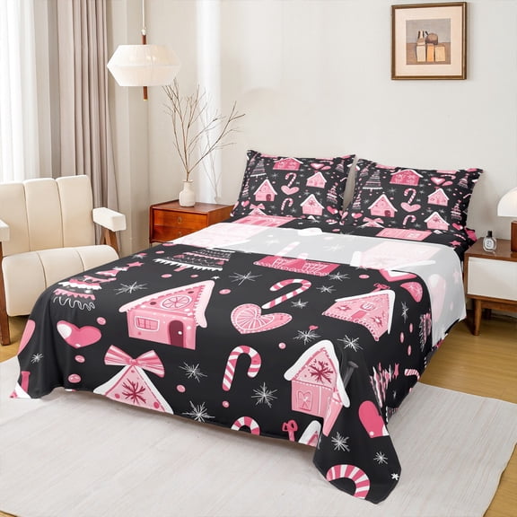 Manfei Cartoon Gingerbread House Bed Sheets,Christmas Candy Cane King Sheets,Pink Black Sheet Set For Girls Teens,Ultra Soft Home Decor,4pcs