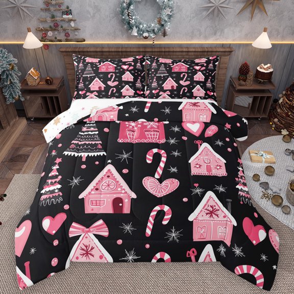 Manfei Cartoon Gingerbread House Bedding Comforter Set,Christmas Candy Cane Twin Comforter Sets,Pink Black Bedding Set For Girls Teens,Ultra Soft Home Decor Reversible,2pcs