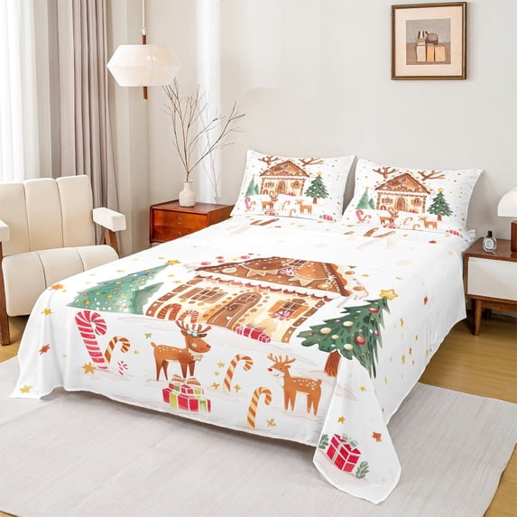 Manfei Cartoon Gingerbread House Full Size Sheets,Cute Christmas Reindeer Bed Sheets,Cute Chic Xmas Tree Sheet Sets For Kids Gitl,Ultra Soft Home Decor,4-Piece