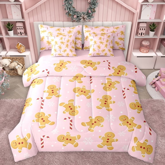 Manfei Cartoon Gingerbread Man 7-Piece Bedding Comforter Set,Merry Xmas King Bedding Sets,Sweet Candy Cane Bed Sheets For Girl Kids,Breathable Home Decor Reversible
